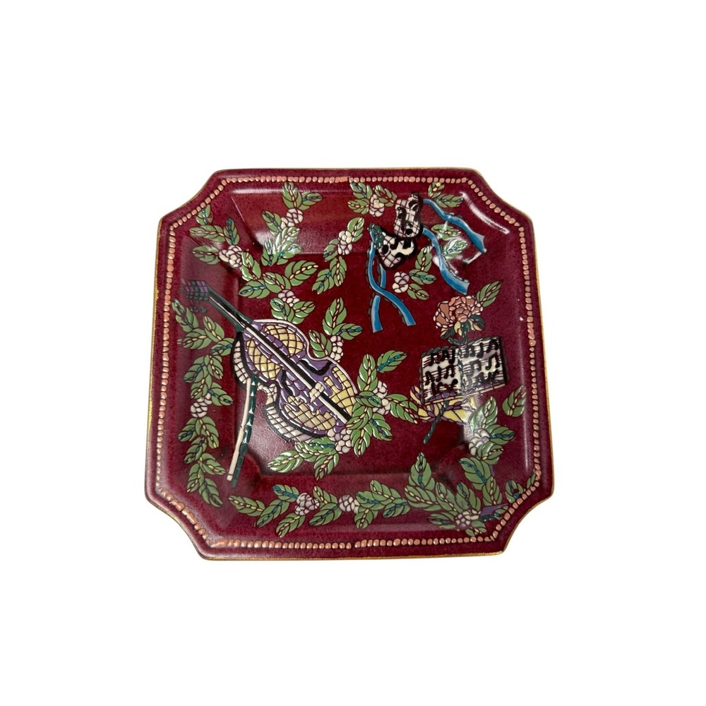 Andrea by Sadek Plate Burgundy‎ Violin Music Notes Grandmillenial Vintage 8" Sq.